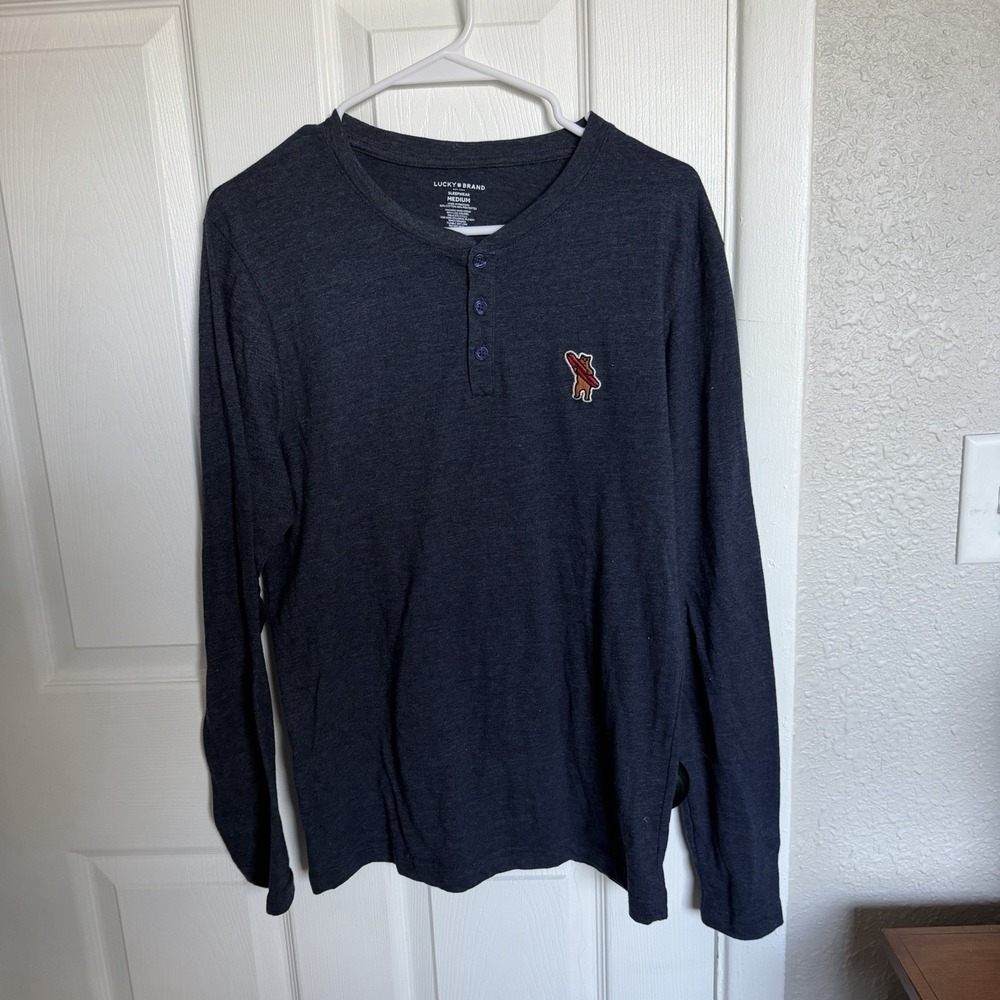 Lucky Brand Men's Henley Bear Pajama Top Navy Blue Long Sleeve Cotton M
